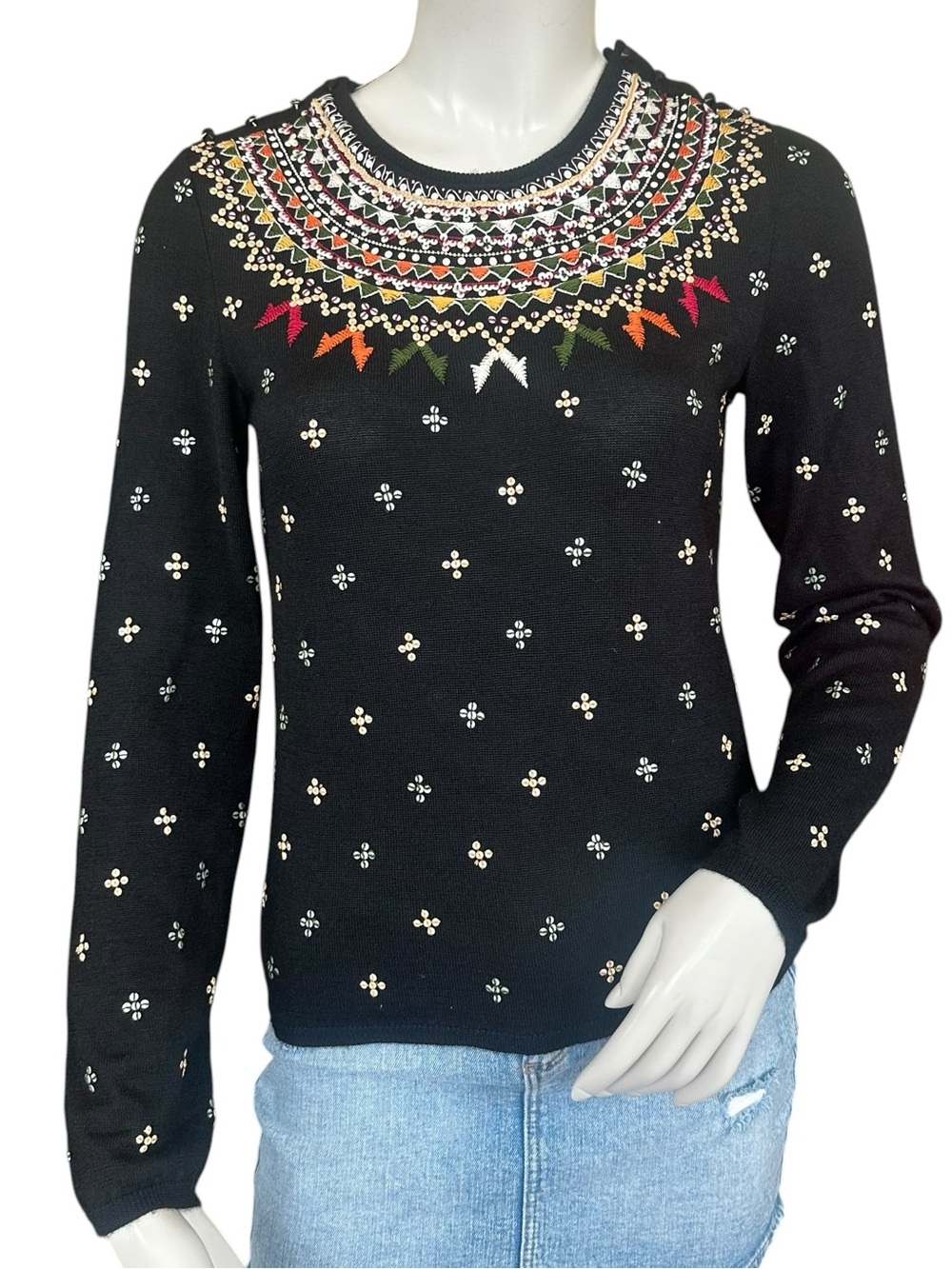 Oscar De La Renta Cashmere Silk Black Beaded Embroidered Boho Sweater Size Small
